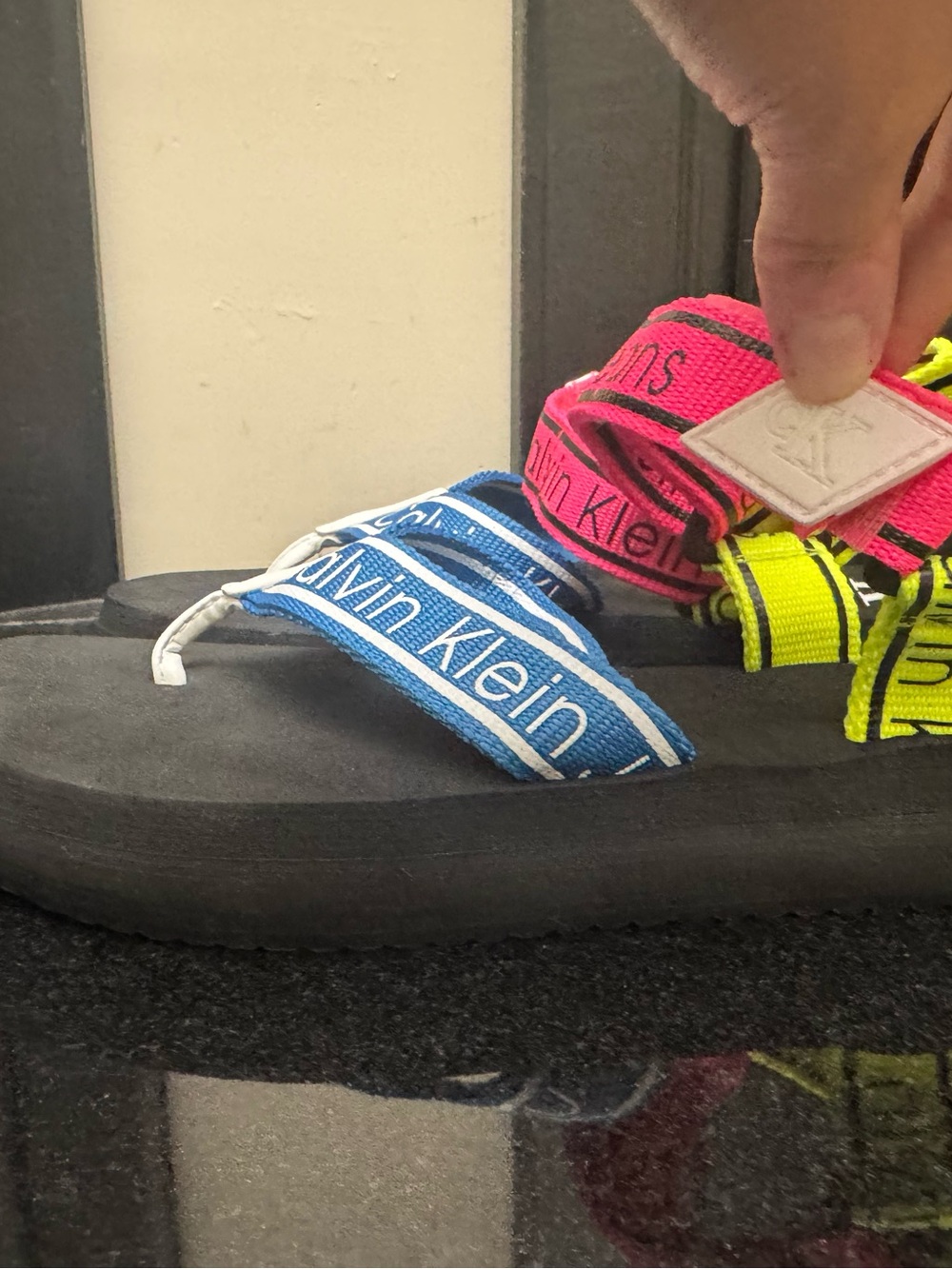 Calvin Klein Logo Strap Sandals Blue, Pink, Neon Yellow Size 8.5 - New - Picture 6 of 11